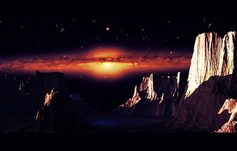 Sci-fi alien landscape with glowing galaxy and rocky cliffs
