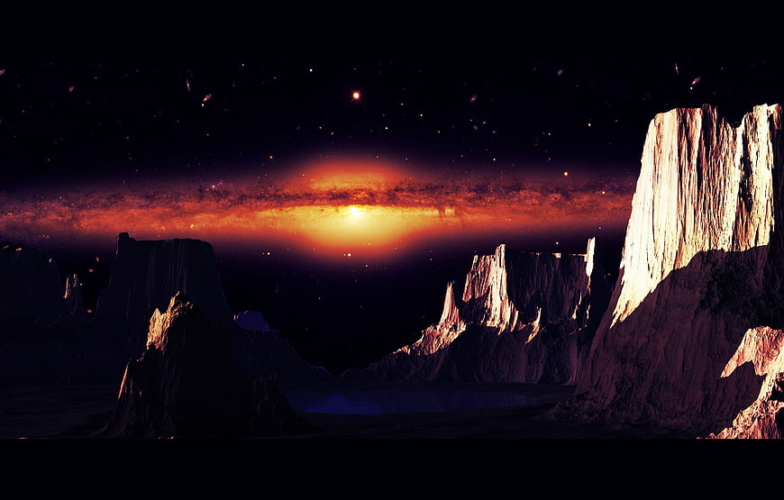 Sci-fi alien landscape with glowing galaxy and rocky cliffs