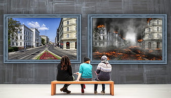 Three people viewing contrasting peace and war art gallery images