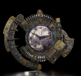 Steampunk Clock Sculpture With Rusty Gears And Roman Numerals
