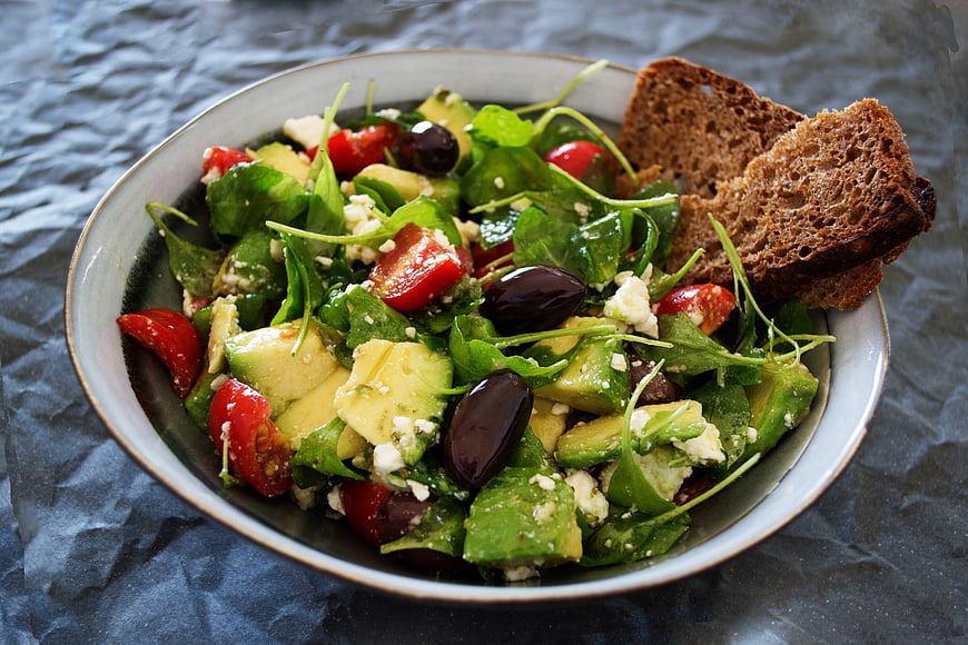 Fresh Avocado Salad with Feta, Olives, and Dark Rye Bread