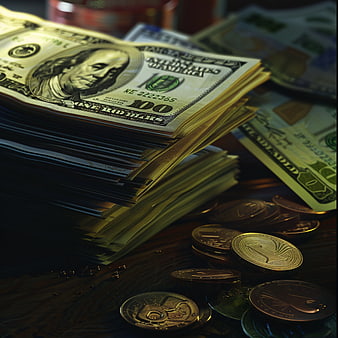 Stacks of US Dollar Bills and Gold Coins on Wood