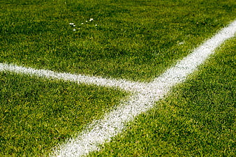 Close-up of white corner lines on a green football pitch