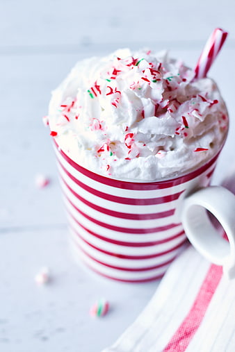 Festive Peppermint Hot Chocolate with Whipped Cream in Striped Mug