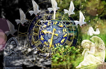 Mystical collage of angel, clock, doves, and tombstone