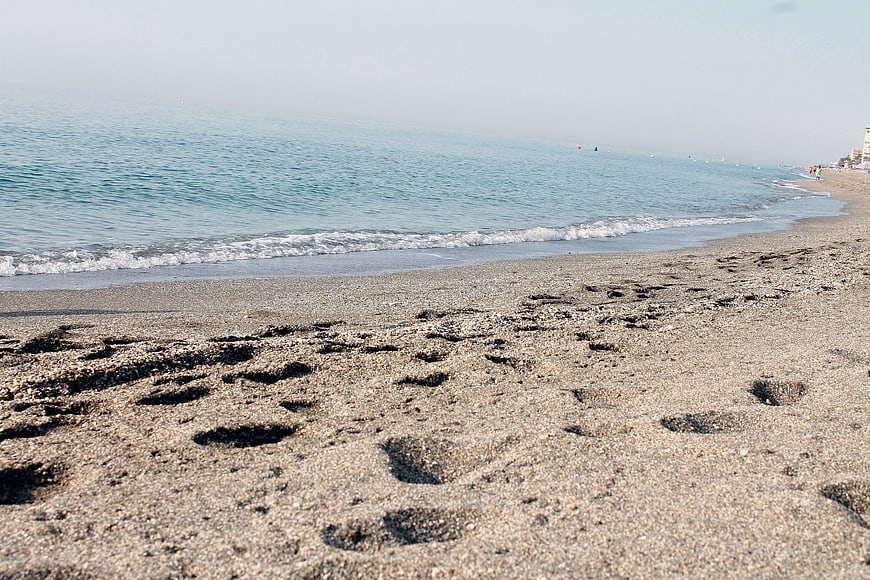 Footprints in Sand on Beach Shoreline with Ocean Waves