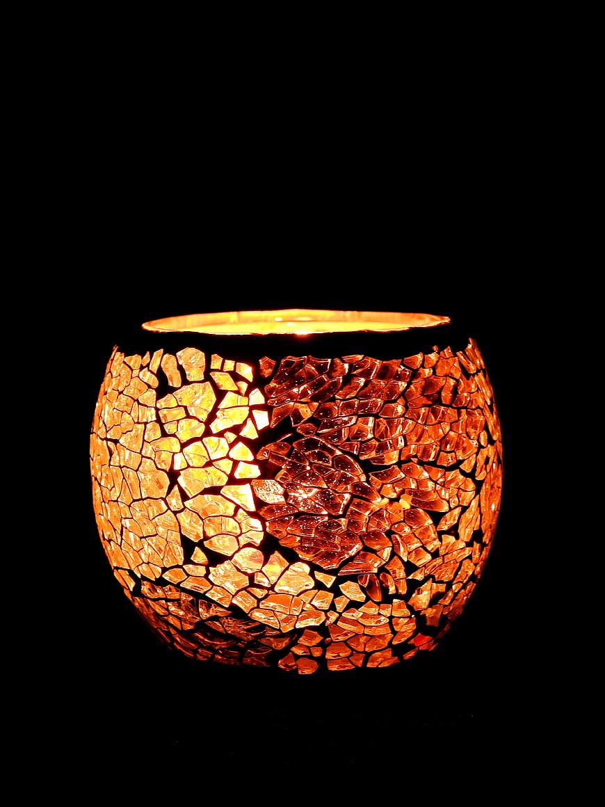 Glowing Mosaic Candle Holder on Black Background