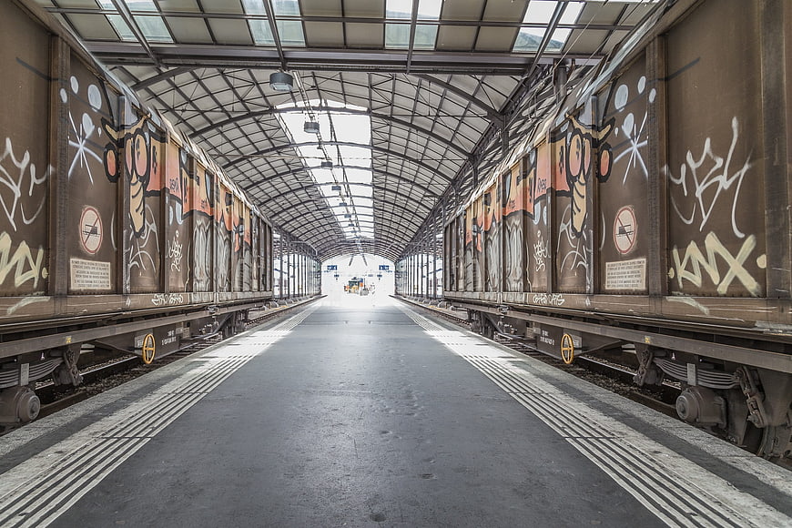 Symmetrical View of Empty Train Tracks at Lucerne Railway Station