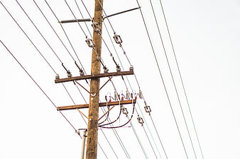 Wooden Utility Pole with Power Lines Against White Sky