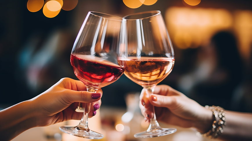 Two women toasting with red and white wine glasses