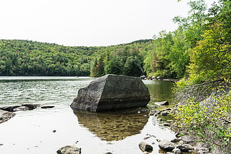 Large boulder in calm lake with forest background