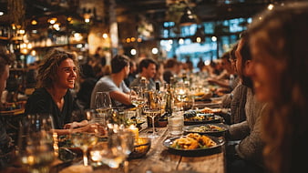 Friends Dining Together at Rustic Restaurant Table