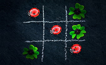 Ladybug and Clover Tic Tac Toe Game on Dark Chalkboard
