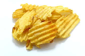 Close-up of Crispy Crinkle-Cut Potato Chips on White Background
