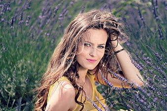 Beautiful Brunette Woman in Lavender Field Portrait