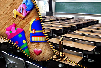 Empty Classroom with Back to School Supplies and Notebook