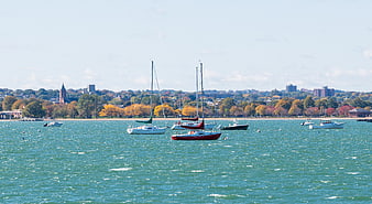 Sailboats Anchored in Harbor with Autumn City Skyline