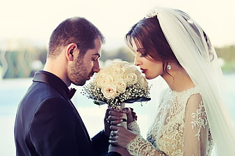 Romantic Bride and Groom Portrait with White Rose Bouquet