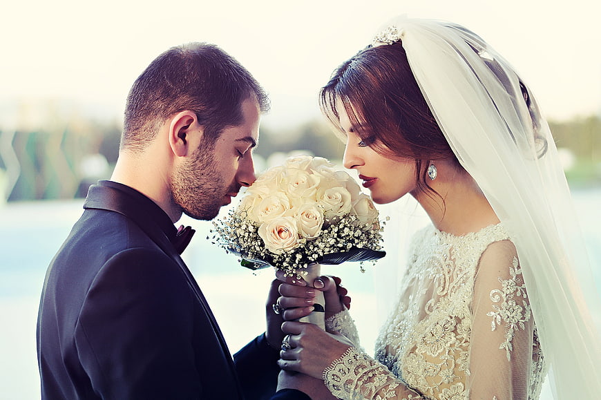 Romantic Bride and Groom Portrait with White Rose Bouquet