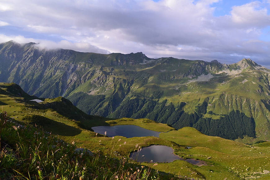 Scenic Alpine Landscape with Mountain Lakes and Green Valleys