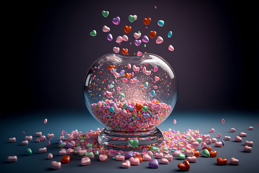 Colorful Heart Candies Exploding from Glass Jar