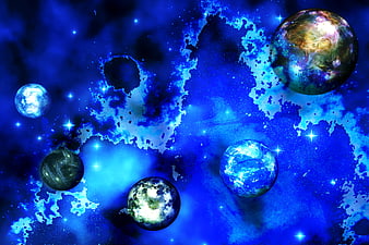 Abstract blue space background with planets and stars
