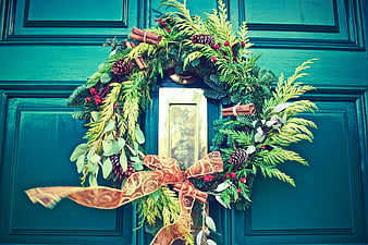 Festive Christmas Wreath on Teal Front Door