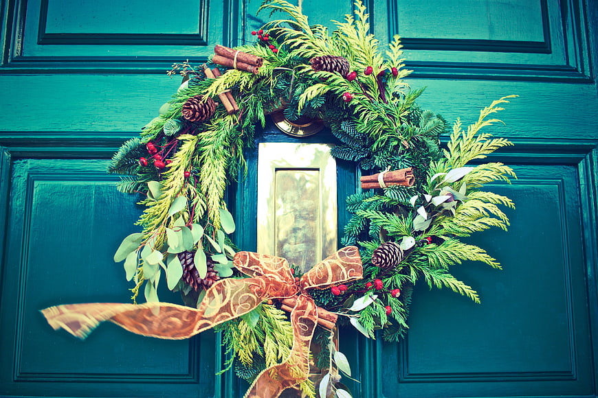 Festive Christmas Wreath on Teal Front Door