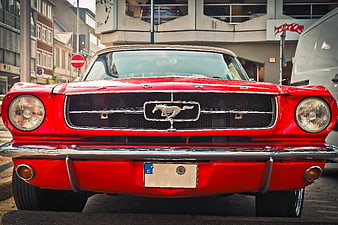 Front View of Classic Red Ford Mustang Vintage Muscle Car