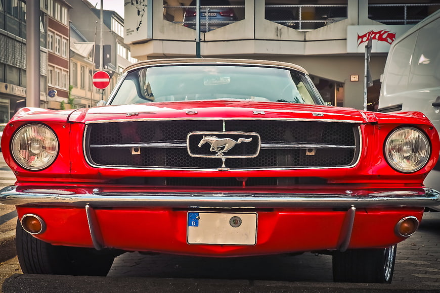 Front View of Classic Red Ford Mustang Vintage Muscle Car
