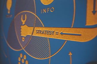 Close-up of blue and gold business strategy infographic diagram