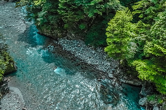 Aerial view of turquoise river flowing through lush green forest