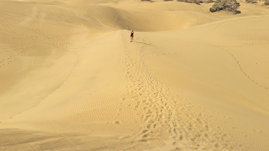 Lone Hiker Walking on Sand Dunes in Desert Landscape