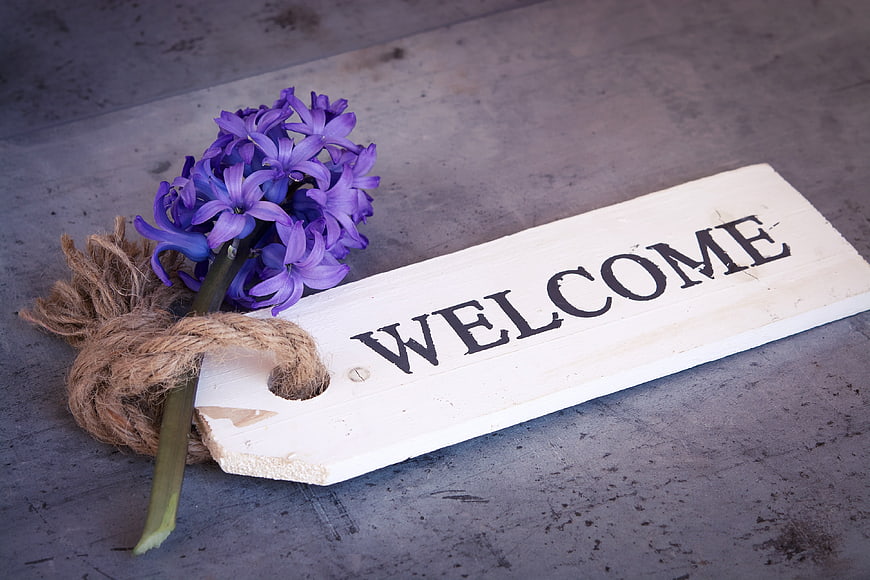 White Wooden Welcome Sign With Purple Hyacinth Flower