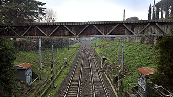 Rusty Railway Bridge Over Train Tracks in Green Valley