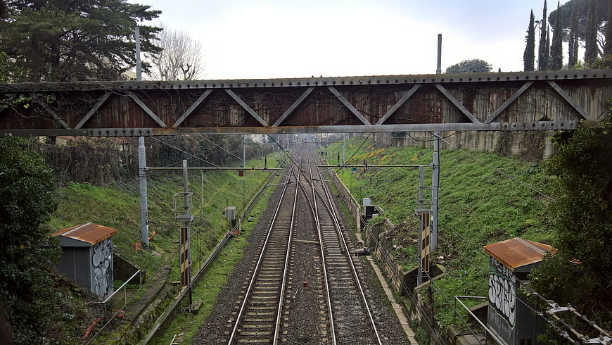 Rusty Railway Bridge Over Train Tracks in Green Valley