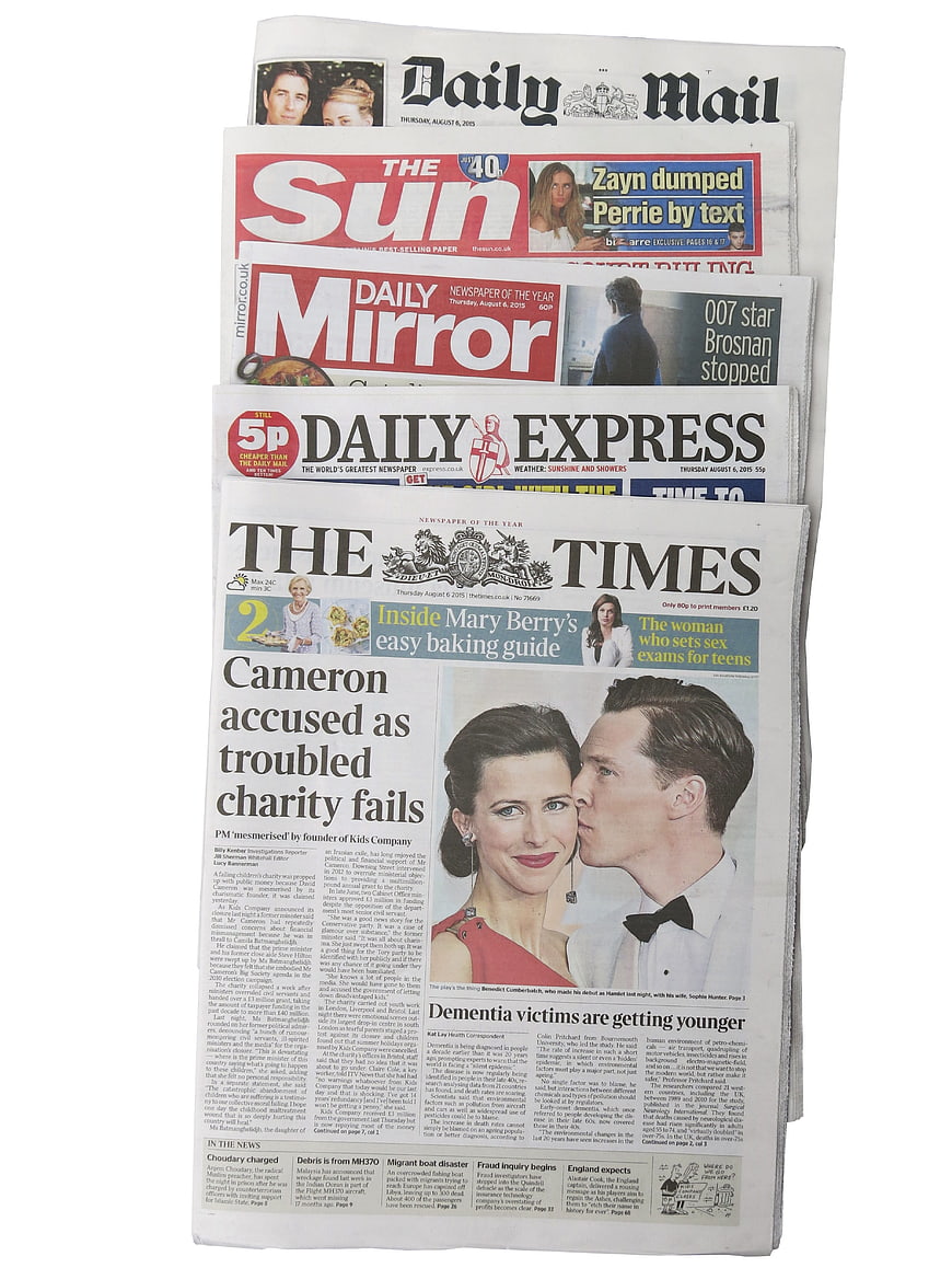 Stack of British tabloid and broadsheet newspapers