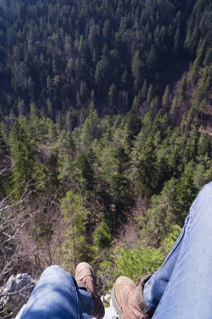 Hiker's legs dangling over a forested mountain cliff