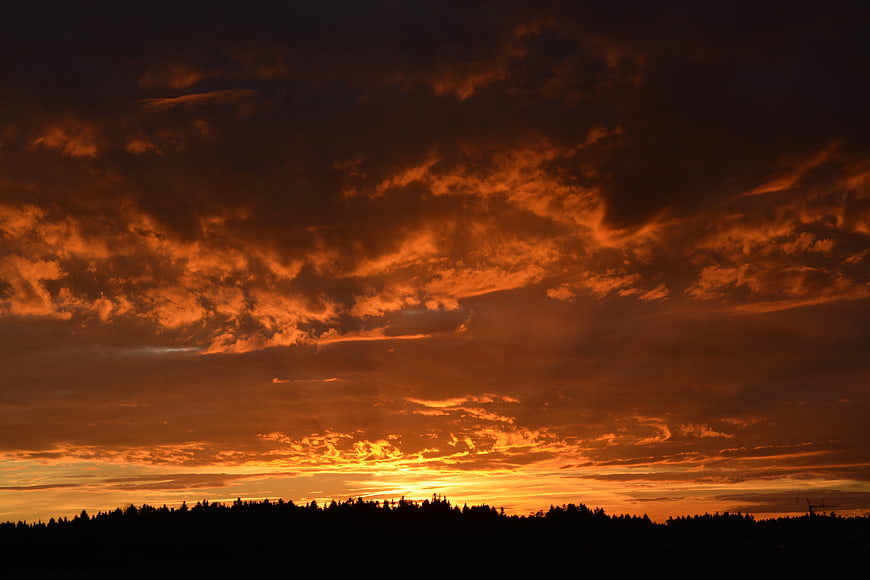 Dramatic orange sunset sky with dark clouds and forest silhouette