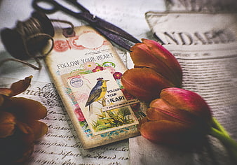 Vintage Scrapbook Layout with Tulips and Bird Illustration