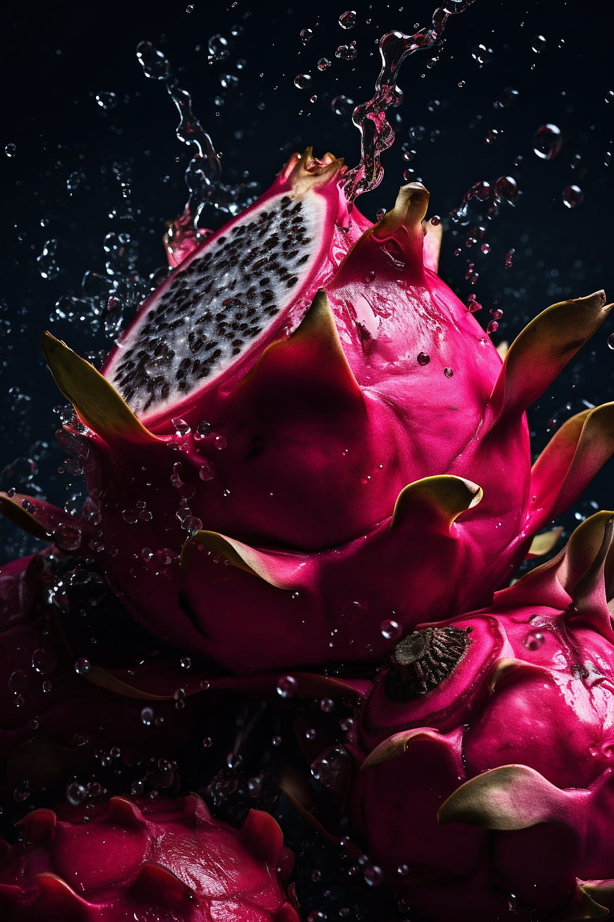 Fresh Dragon Fruit Splash with Water Drops