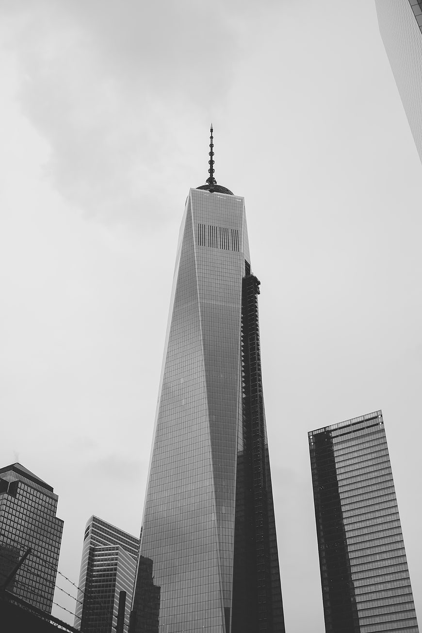 Black and white One World Trade Center skyscraper