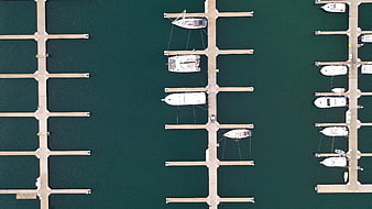 Aerial Top View of Boats Docked at Marina
