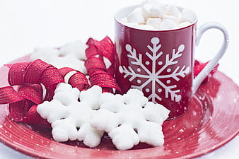 Red Snowflake Mug With Marshmallows And Cookies On Holiday Plate