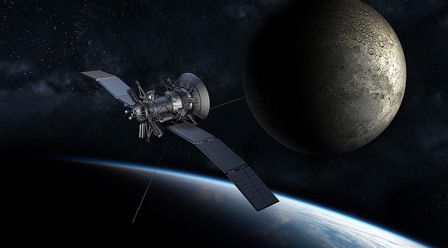 Satellite orbiting Earth with Moon in deep space background