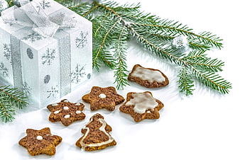 Christmas Cookies and Gift Box with Pine Branches