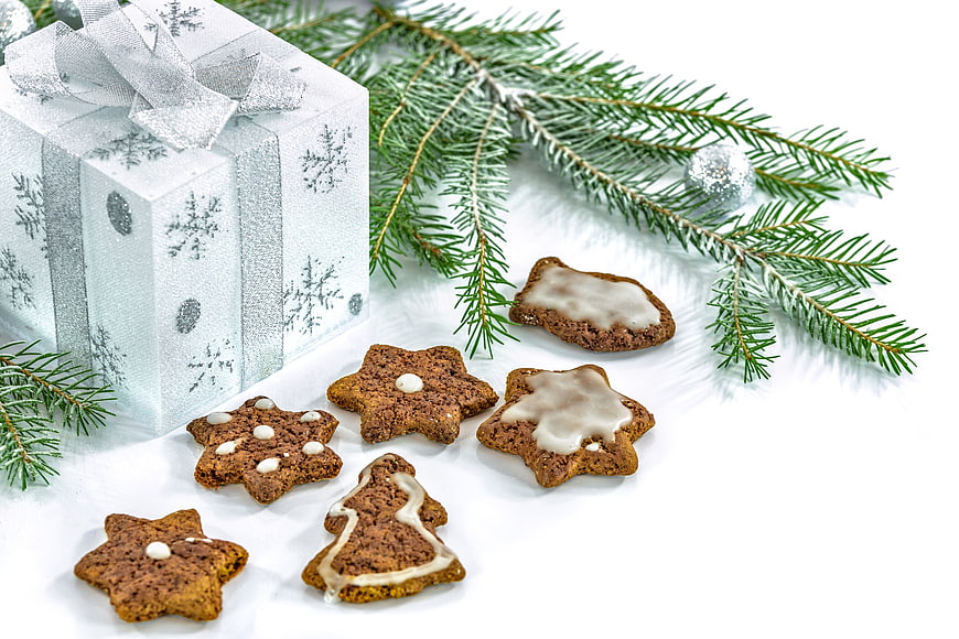 Christmas Cookies and Gift Box with Pine Branches