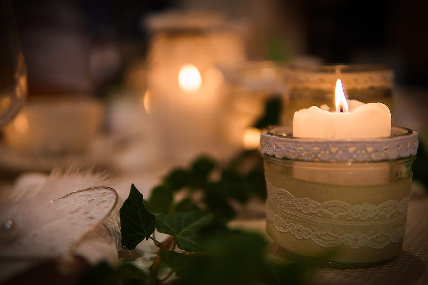 Romantic Lace Candle with Ivy and Feather