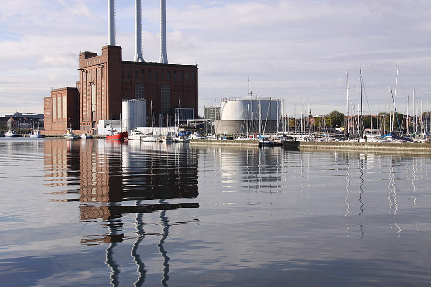Copenhagen Harbor with Power Plant Reflections and Sailboats
