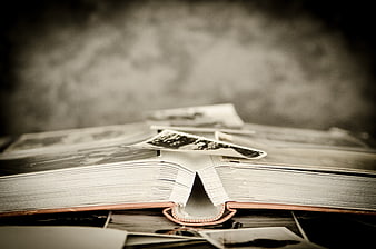 Vintage open photo album with scattered black and white memories